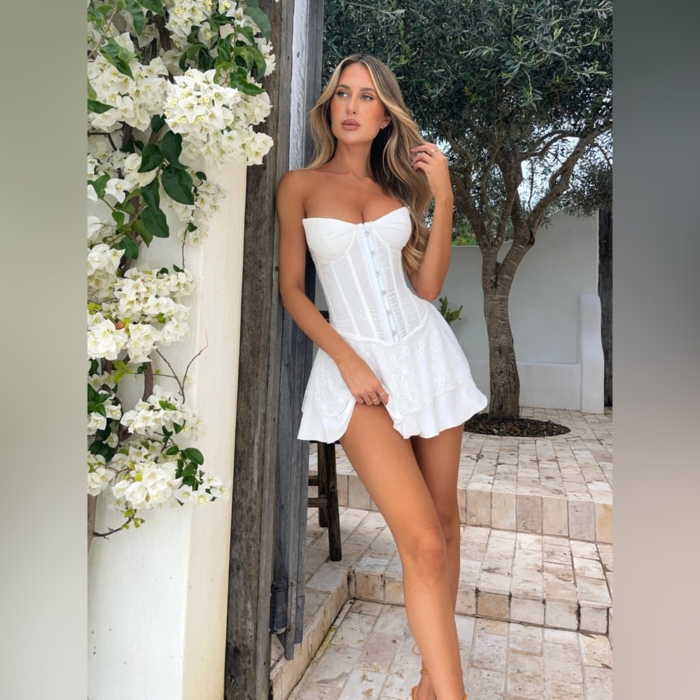 Strapless White Corset Mini Dress with Flared Skirt